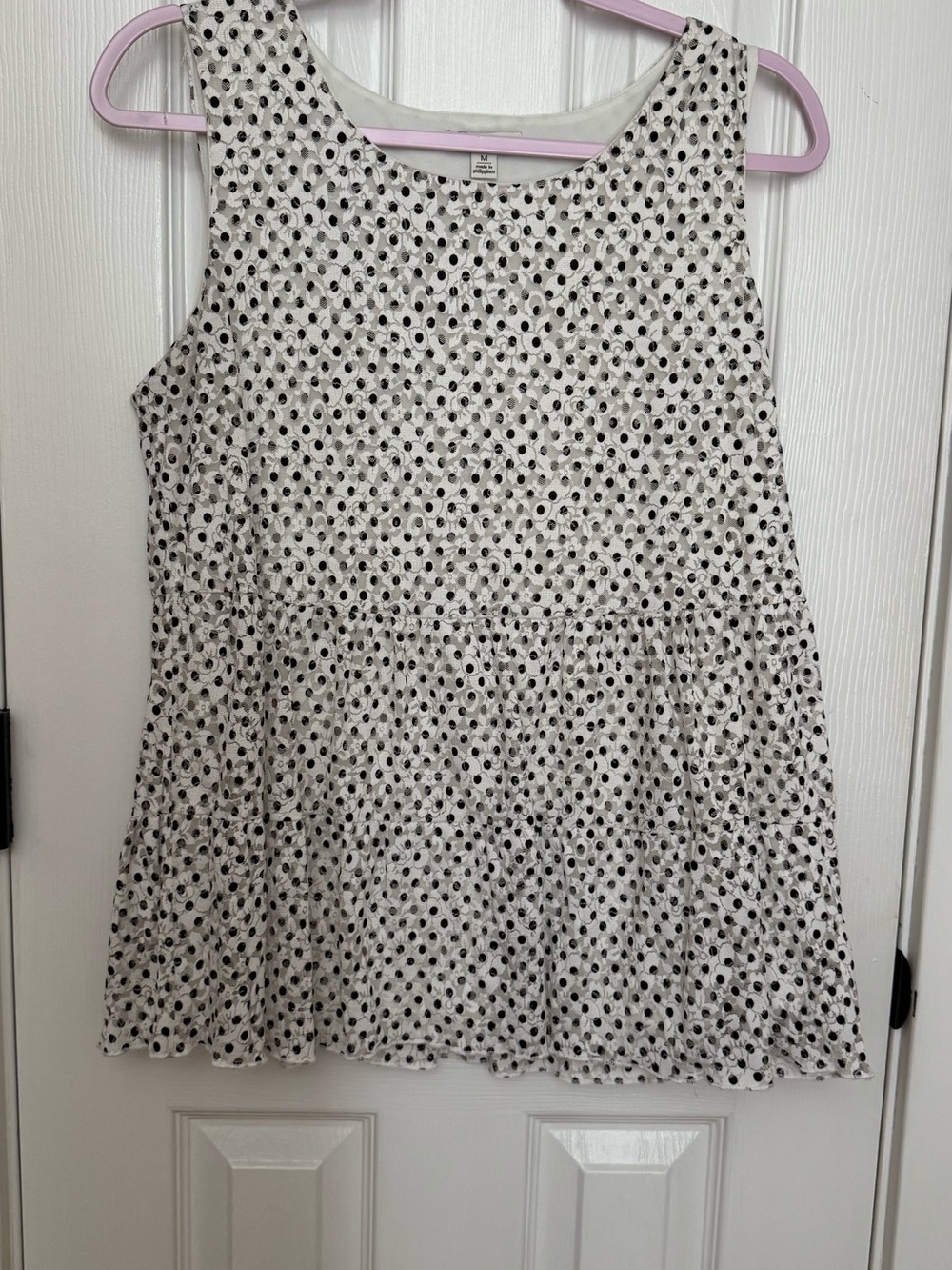 Sleeveless A-Line tank in White with Black Dot Print